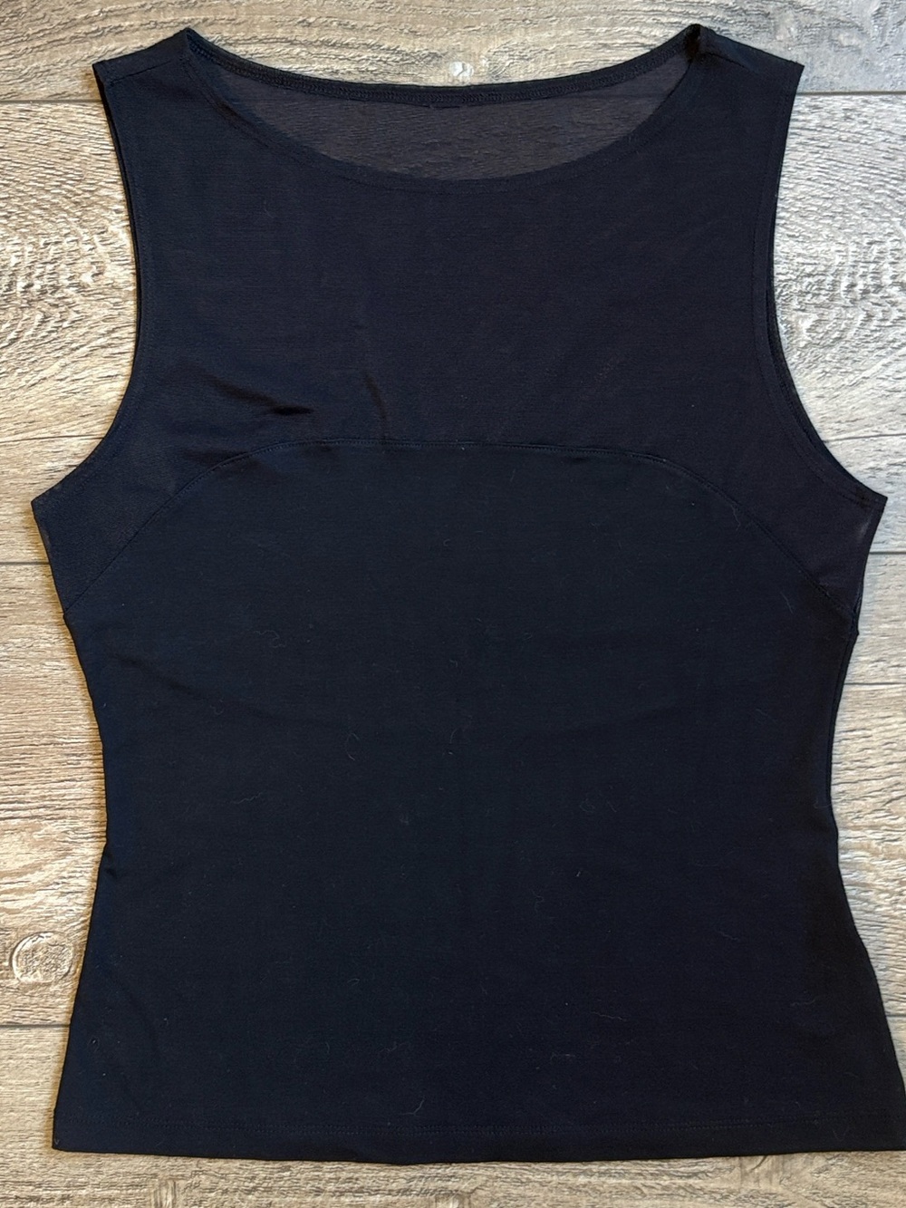 Vintage Natori Black Rayon Sleeveless Tank Top w Sheer Mesh Fabric at Chest